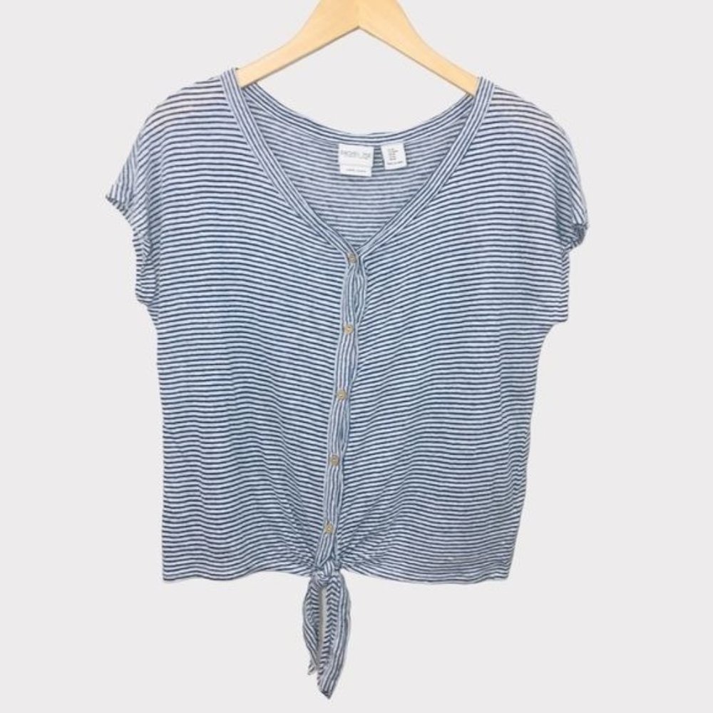 RACHEL ZOE 100% Linen Striped Boxy Button and Tie Front Blouse Size Medium